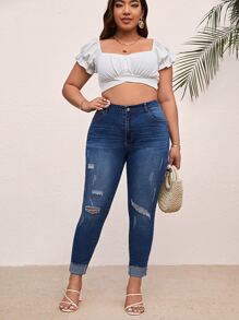 SHEIN Essnce Jeans ajustados desgarro - Azul lavado oscuro - Ver 3