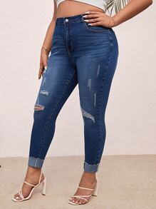 SHEIN Essnce Jeans ajustados desgarro - Azul lavado oscuro - Ver 6