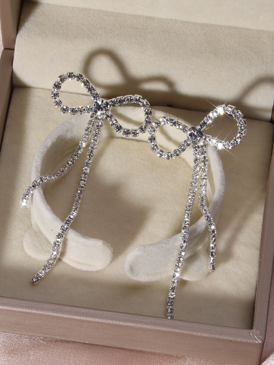 Rhinestone Bow Drop Earrings Valentines,Mom,Mother,Mother's Day,Gift - Silver - View 1