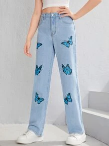 SHEIN Teen Girls Butterfly Print Straight Leg Jeans - Light Wash - View 5
