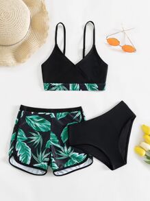 Tween Girl Contrast Tropical Print Bikini Set With Beach Shorts Matching Set Summer Beach - Black - View 5