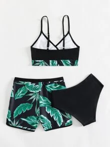 Tween Girl Contrast Tropical Print Bikini Set With Beach Shorts Matching Set Summer Beach - Black - View 2