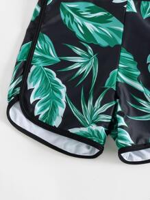 Tween Girl Contrast Tropical Print Bikini Set With Beach Shorts Matching Set Summer Beach - Black - View 4
