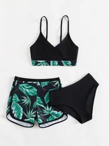 Tween Girl Contrast Tropical Print Bikini Set With Beach Shorts Matching Set Summer Beach - Black - View 1