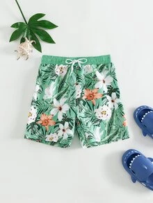 Boys Floral & Tropical Print Drawstring Waist Swim Shorts - Green - View 5