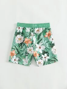 Boys Floral & Tropical Print Drawstring Waist Swim Shorts - Green - View 2