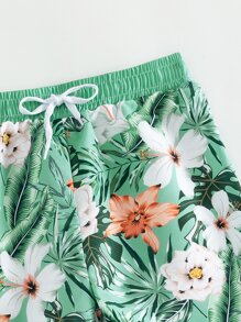 Boys Floral & Tropical Print Drawstring Waist Swim Shorts - Green - View 3