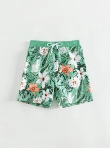 Boys Floral & Tropical Print Drawstring Waist Swim Shorts - Green - View 1