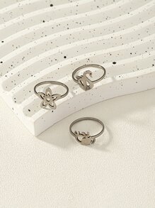 2入組花朵裝飾戒指 - 銀色 - 查看 2