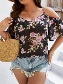 SHEIN Holidaya Plus Floral Print Cold Shoulder Blouse - Multicolor - View 6