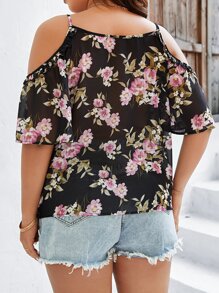 SHEIN Holidaya Plus Floral Print Cold Shoulder Blouse - Multicolor - View 2