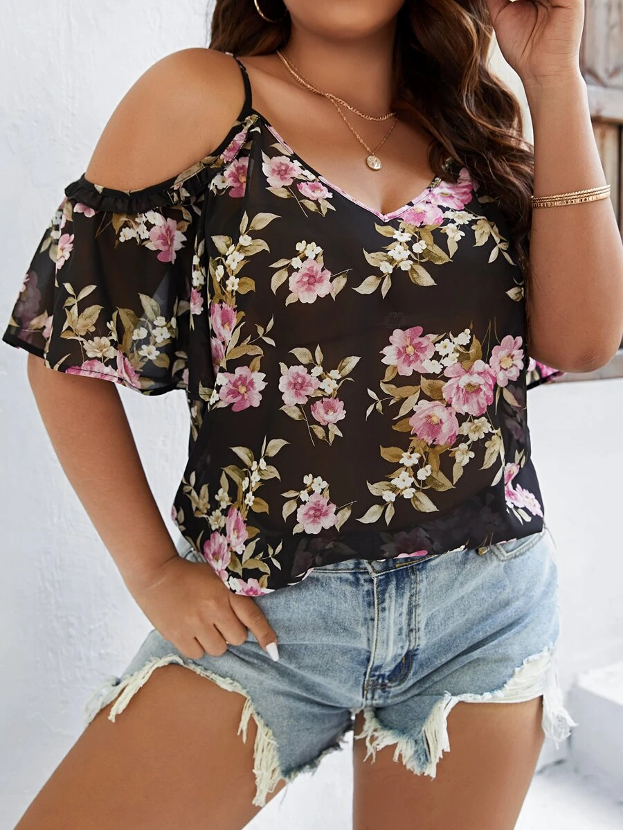 SHEIN Holidaya Plus Floral Print Cold Shoulder Blouse - Multicolor - View 1