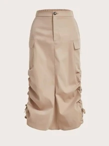 SHEIN Chicas adolescentes Falda cargo con bolsillo con solapa con cordón fruncido lateral - Caqui - Ver 1
