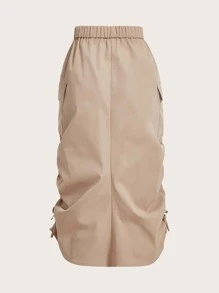 SHEIN Chicas adolescentes Falda cargo con bolsillo con solapa con cordón fruncido lateral - Caqui - Ver 2
