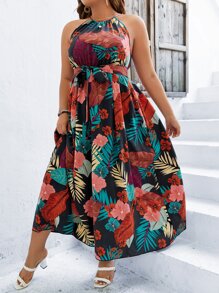 SHEIN Clasi 大碼熱帶圖案腰帶吊帶連衣裙 - 彩色 - 查看 4