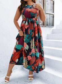 SHEIN Clasi 大碼熱帶圖案腰帶吊帶連衣裙 - 彩色 - 查看 6