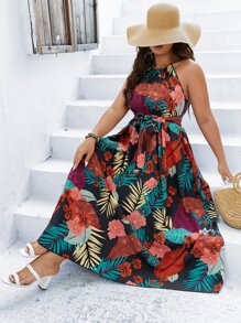 SHEIN Clasi 大碼熱帶圖案腰帶吊帶連衣裙 - 彩色 - 查看 7