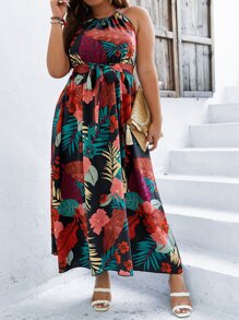 SHEIN Clasi 大碼熱帶圖案腰帶吊帶連衣裙 - 彩色 - 查看 8