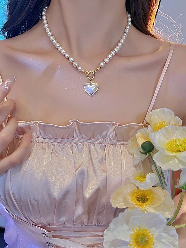 Faux Pearls Beads Necklace Heart Shape Pendant Lovely Neck Jewelry Perfect For Any Occasion - Multicolor - View 3
