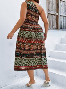 SHEIN Clasi Plus Geo Print One Shoulder Split Thigh Dress - Multicolor - View 2