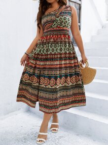SHEIN Clasi Plus Geo Print One Shoulder Split Thigh Dress - Multicolor - View 7