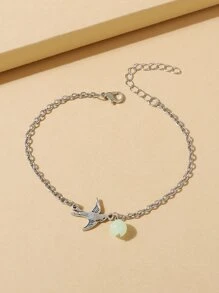 Glow In The Dark Bead & Swallow Decor Anklet - Silver - View 4