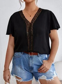 Plus Contrast Guipure Lace Butterfly Sleeve Blouse - Black - View 1