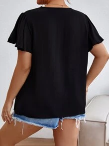 Plus Contrast Guipure Lace Butterfly Sleeve Blouse - Black - View 2