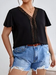 Plus Contrast Guipure Lace Butterfly Sleeve Blouse - Black - View 4