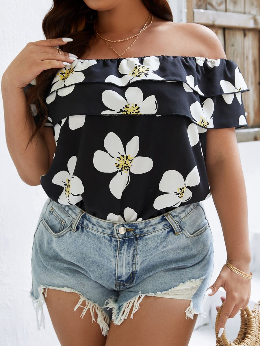 SHEIN Holidaya Plus Floral Print Off Shoulder Blouse - Multicolor - View 1