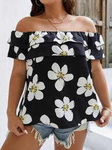SHEIN Holidaya Plus Floral Print Off Shoulder Blouse - Multicolor - View 3