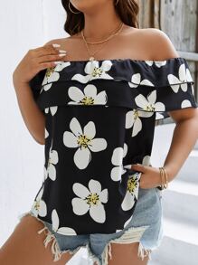 SHEIN Holidaya Plus Floral Print Off Shoulder Blouse - Multicolor - View 4