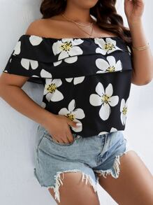 SHEIN Holidaya Plus Floral Print Off Shoulder Blouse - Multicolor - View 6