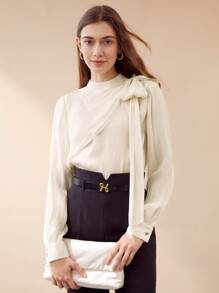 MOTF PREMIUM MOCK-NECK SHOULDER BOW BLOUSE - Beige - View 2