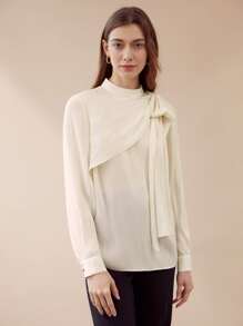 MOTF PREMIUM MOCK-NECK SHOULDER BOW BLOUSE - Beige - View 4