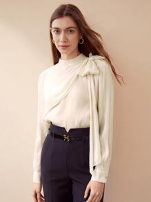 MOTF PREMIUM MOCK-NECK SHOULDER BOW BLOUSE - Beige - View 5