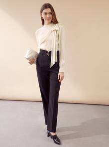 MOTF PREMIUM MOCK-NECK SHOULDER BOW BLOUSE - Beige - View 7