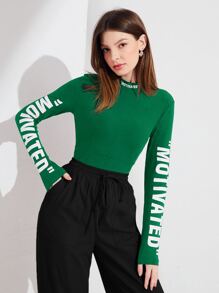Mulvari Mock Neck Letter Graphic Tee - Dark Green - View 1