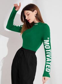 Mulvari Mock Neck Letter Graphic Tee - Dark Green - View 3