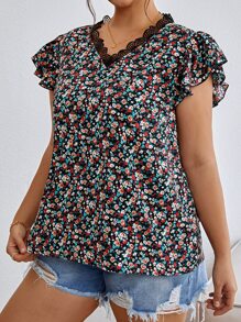 SHEIN Frenchy 大碼碎花拼接水溶蕾絲蝴蝶袖襯衫 - 彩色 - 查看 4