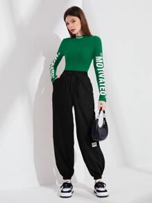 Mulvari Mock Neck Letter Graphic Tee - Dark Green - View 5