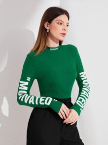 Mulvari Mock Neck Letter Graphic Tee - Dark Green - View 6
