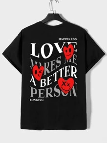 Manfinity RebelGame 男士休闲标语和心形印花 T 恤 - 黑色 - 查看 3