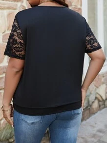 SHEIN LUNE Plus Contrast Lace Tee - Black - View 2