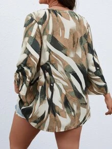 SHEIN Holidaya Plus Allover Print Notched Neck Roll Up Sleeve Blouse - Multicolor - View 2