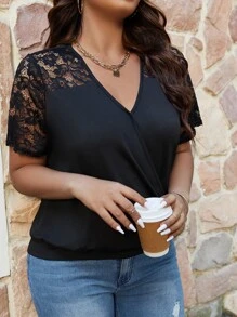 SHEIN LUNE Plus Contrast Lace Tee - Black - View 4