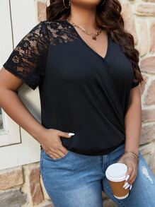 SHEIN LUNE Plus Contrast Lace Tee - Black - View 7