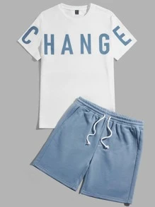 Manfinity VCAY 男士字母圖案T恤和腰部抽繩短褲 - 藍白色 - 查看 1