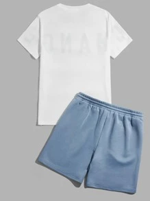 Manfinity VCAY 男士字母圖案T恤和腰部抽繩短褲 - 藍白色 - 查看 2