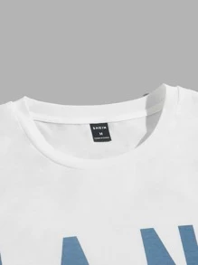 Manfinity VCAY 男士字母圖案T恤和腰部抽繩短褲 - 藍白色 - 查看 3